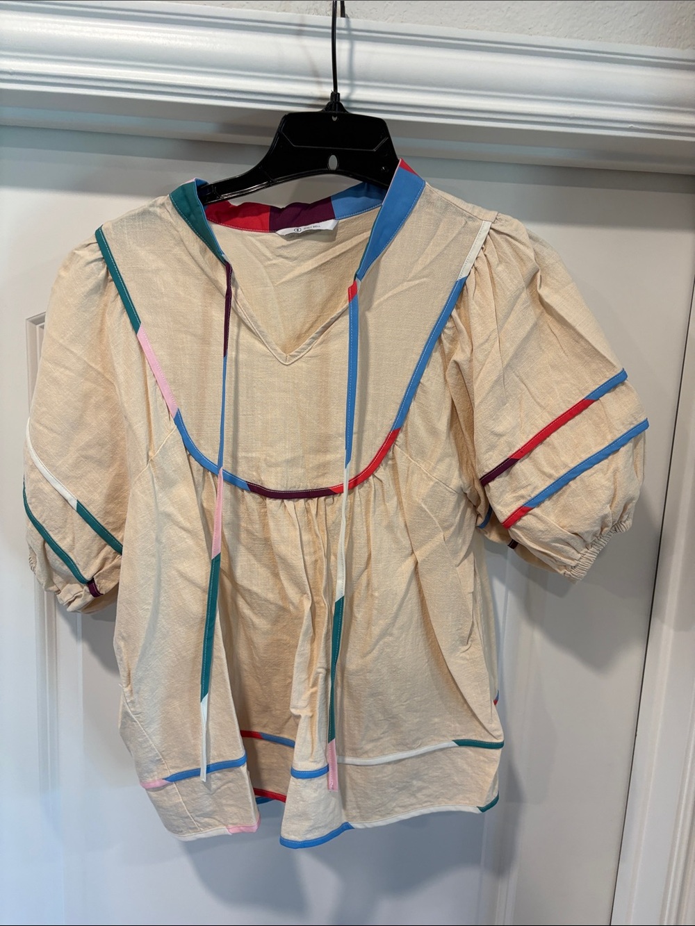 Women's Cream Puff-Sleeve Blouse with Multicolor Trim